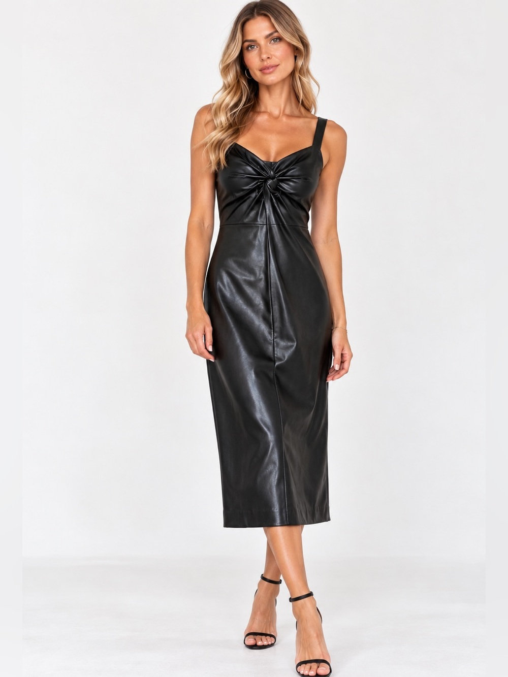 Tart Black Faux Leather Twist Front Midi Dress Size Small Y2K